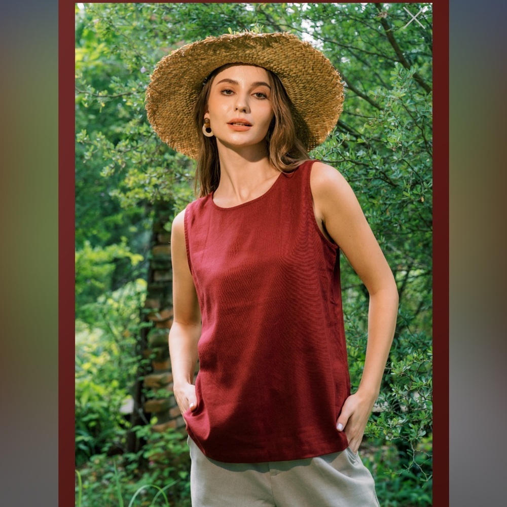 Linen Tank Top Sleeveless In Round Neck | Berry